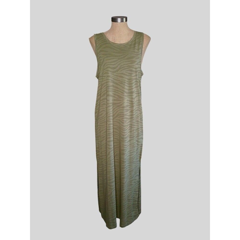 Eddie Bauer Maxi Dress Size L Sleeveless Green Animal Print Side Slits Beach